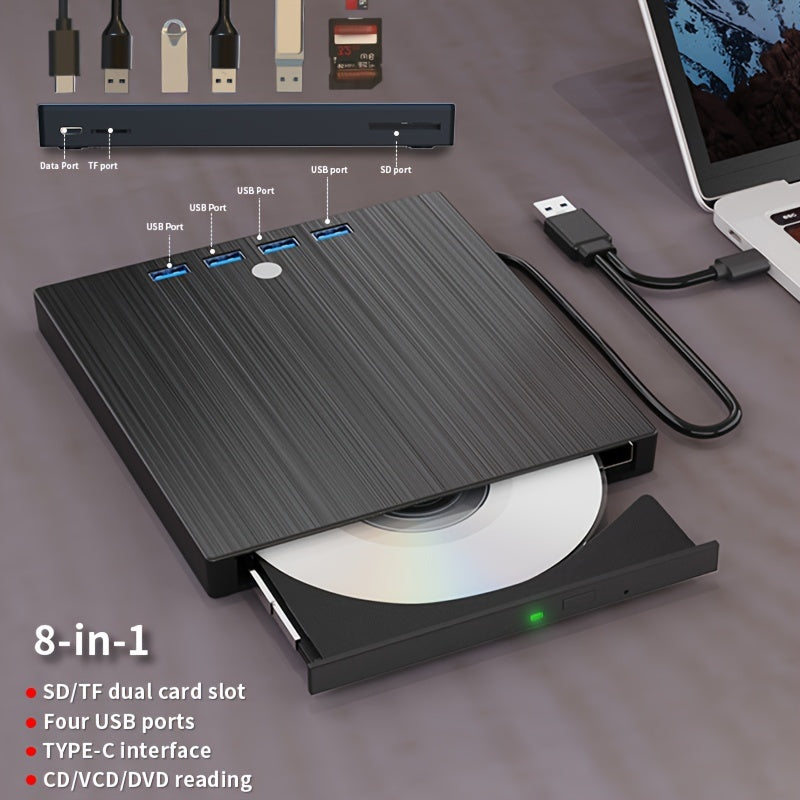 Xarici Optik Disk, 8-də-1 USB 3.0 Ultra-İnce Portativ, USB3.0+Type-C Xarici Mobil DVD Yazıcı HD Oynatıcı, Portativ CD/VCD/DVD Oynatıcı, Qoşulma Genişləndirilə bilən Yazıcı, Laptop və PC-də Yaz, Oxu və Oynat. Windows/Linux/Mac-i dəstəkləyir