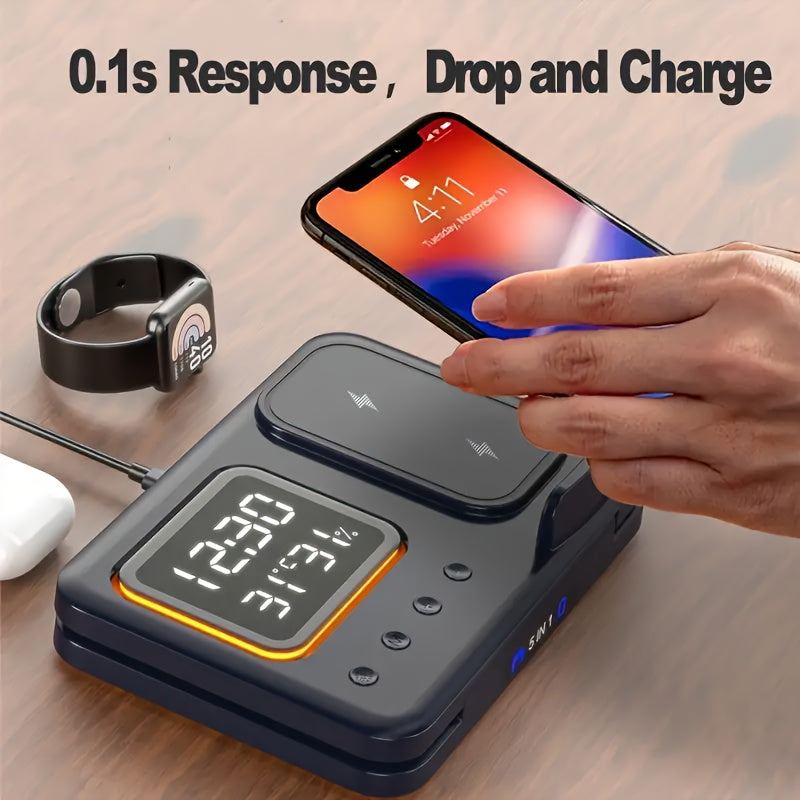 Saata, Temperaturaya, Nəmliyə və Gecə İşına Sahib 5-də 1 Magnetic Simsiz Şarj Cihazı Standı - 15W Sürətli Şarj, iPhone 16/15/14/13/12 Pro, iWatch Seriyası 9/8/7/SE/SE2, AirPods 3/Pro/2 üçün Universal Uyğunluq - Telefon və AirPods üçün Stand, Gecə İşı Şarj