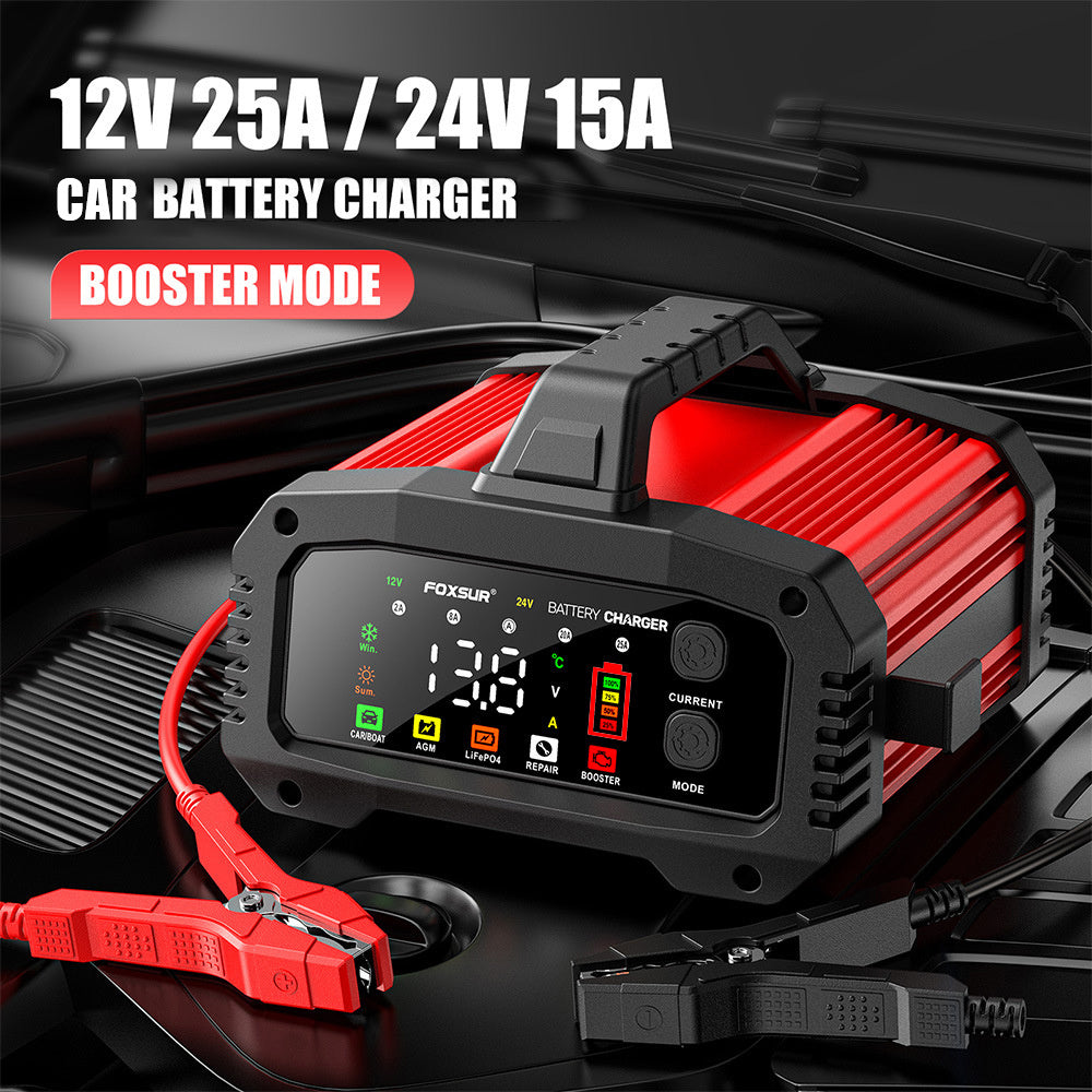 Smart 12V-24V Avtomobil Akkumulyatoru Şarj Cihazı - Qurğuşun Turşusu, AGM, GEL, LiFePO4 üçün Uyğun - 25A/15A Portativ Gücləndirici, Böyük Rəngli Ekran & 8-Mərhələli Nəbz Təmiri, Motosiklet
