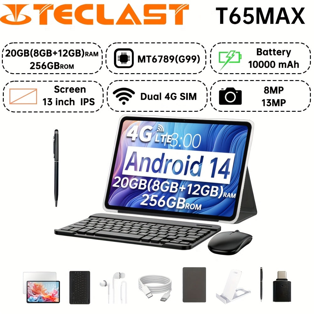 Teclast T65MAX 2024 Planşet 13-düym 1200×1920 IPS Ekran / 8GB RAM / 256GB ROM / MT6789 (G99) 8-Nüvəli 2.2GHz / WIFI 5G / 4G / 10000mAh / Type-C / 13MP + 8MP Kamera / Android 14 Klaviatura və Aksesuarlar Dəsti