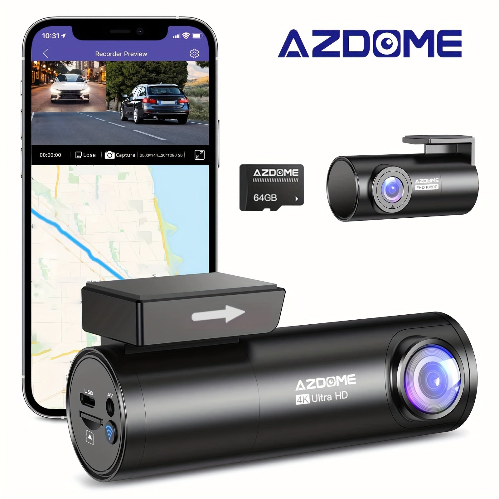 AZDOME M300S 4K HD Avtomobil Kamera, Ön və Arxa Canlı Qeyd ilə 5G Wi-Fi və GPS. Səs İdarəetməsi, WDR, Gsensor və Parkinq Monitorinqi, SD Kart Daxildir