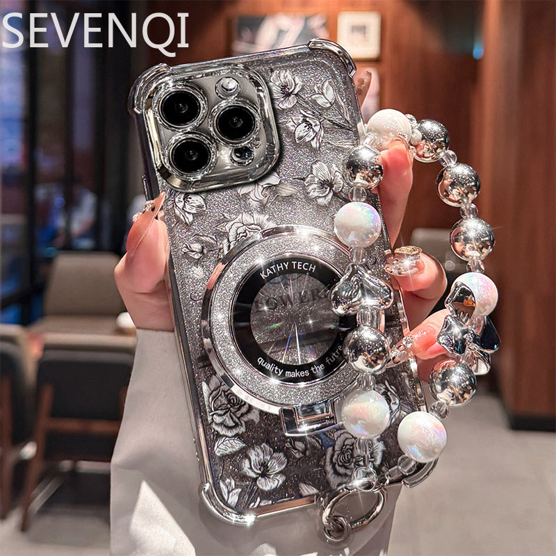 Iphone 15/16 Modelləri  üçün uyğundur, yeni dəbli dizayn, premium hiss, Iphone 14 üçün dörd künclü qoruyucu qutu, düşmələri önləmək üçün, Iphone 12 üçün parıltılı çiçək dizaynı, Iphone 13 üçün maqnitli dayaq və ' versiyası üçün bir bilərzik, 16 Pro Max il