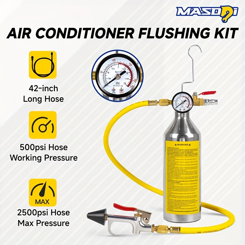 Masdsi Flush Kit Karbon Bərk Hava Köpükləri Sisteminin Təmizləmə Aləti Dəsti Paslanmayan Polad Kasseli, Naylon Şlanq və Yuyucu Püskürtmə Tabancası, 220PSI Göstəricisi, R134a R12 R22 R410a R404a AC Sistemi üçün