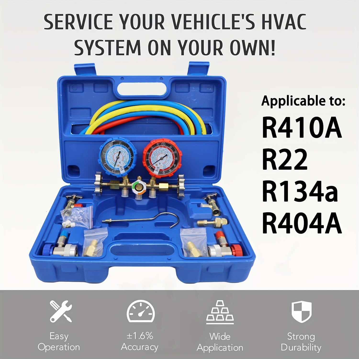 R410A R22 R134a R404A Soyuducu AC Manifold Ölçer Dəsti, 1.2m Hortum, Bağlayıcı və Konnektor ilə 3-yollu Soyuducu Doldurma Kit